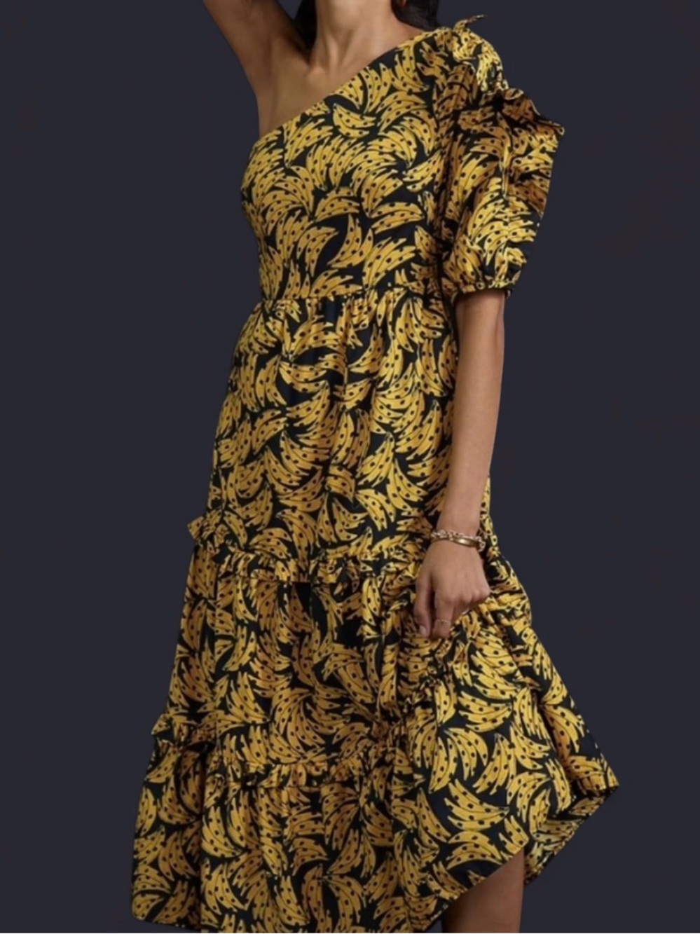 One-Shoulder Yellow Banana Print Midi Dress